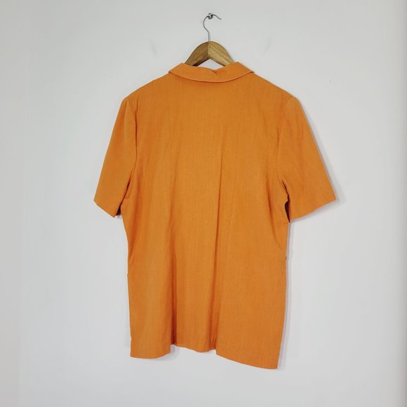 Vice Versa Vintage Blouse Smock Short Sleeve Orange Linen Blend Collared Pockets - Picture 7 of 10